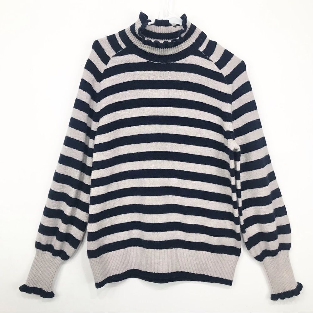 Rebecca Taylor Navy Blue Cream Stripe Merino Wool Ruffle Pullover Sweater